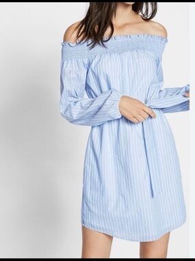 Express Light Blue Striped One-Shoulder Dress XS (no belt)